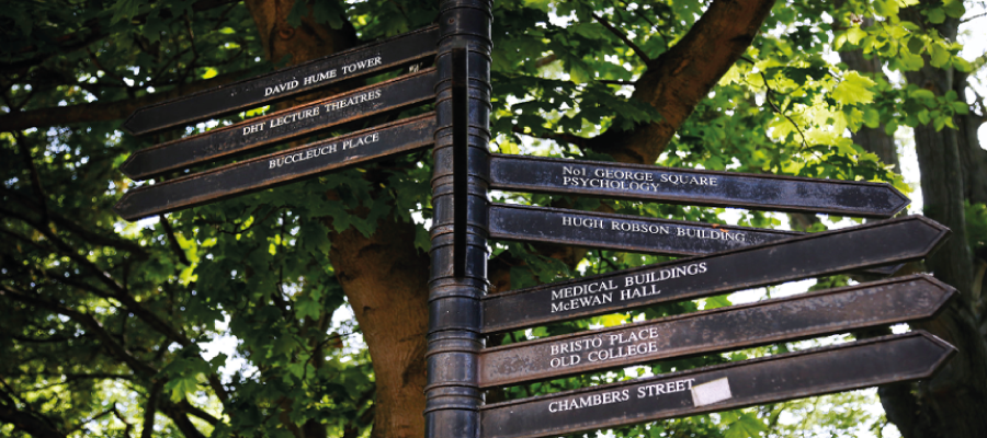 Metal sign post pointing in different directions in front of a tree 