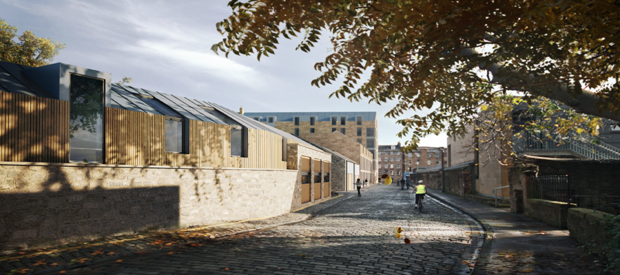 Street with tree in foreground 