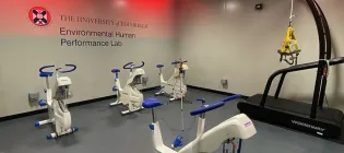 Inside the Environmental Human Performance Lab with sports equipment ready to be used