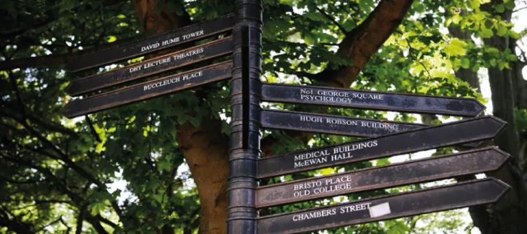 Metal sign post pointing in different directions in front of a tree 