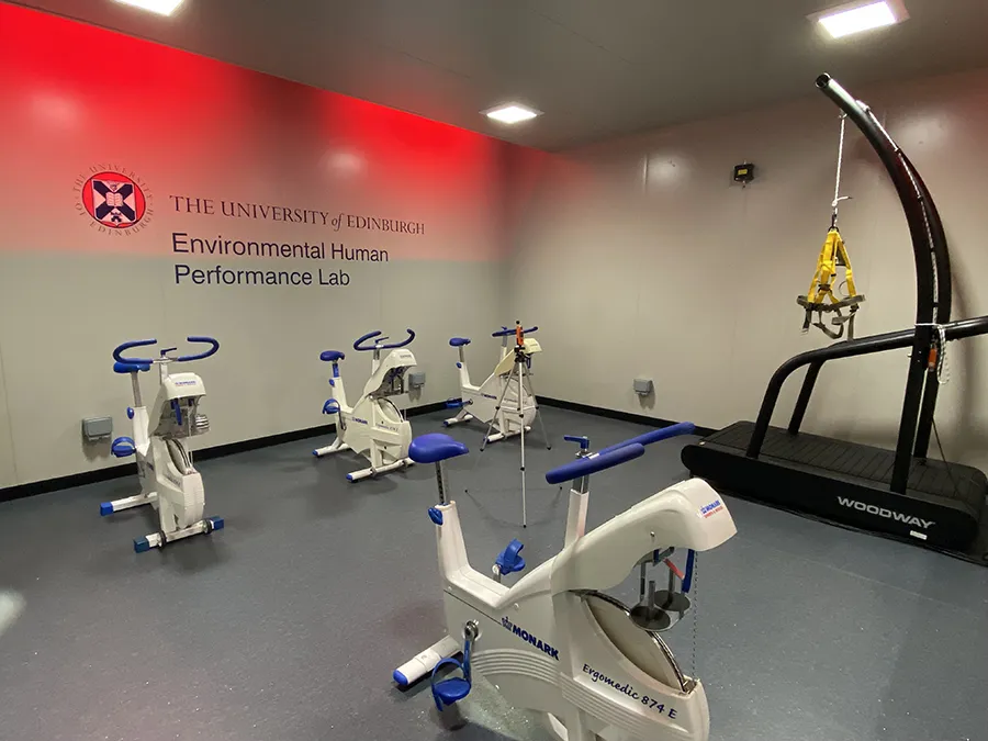 Inside the Environmental Human Performance Lab with sports equipment ready to be used
