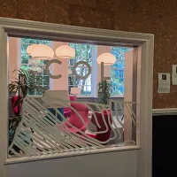 A window with a white frame with the letters COL on the glass in white 